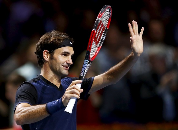 Switzerland&#039;s Roger Federer reacts after winning his semi-final match against Jack Sock of the U.S. at the Swiss Indoors ATP men&#039;s tennis tournament in Basel, Switzerland, October 31, 2015.  ...