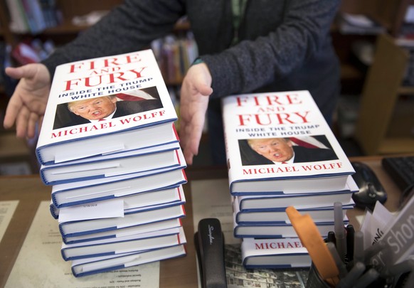 epaselect epa06418523 Presold copies of Michael Wolff&#039;s book &#039;Fire and Fury&#039;, the tell all about the Trump White House, are stacked at Politics and Prose book store in in Washington, DC ...