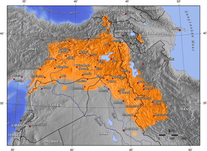 Kurdische Siedlungsgbiete:&nbsp;Neben den Kurden bevölkern zahlreiche andere Ethnien diese Region.&nbsp;