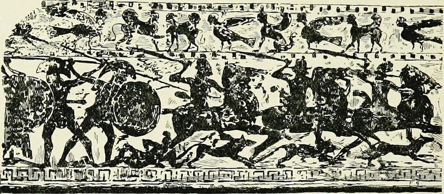 Battle between Cimmerian cavalry, their war dogs, and Greek hoplites, depicted on a Pontic plate. 
https://en.wikipedia.org/wiki/Dogs_in_warfare#/media/File:History_of_Egypt,_Chaldea,_Syria,_Babylonia ...