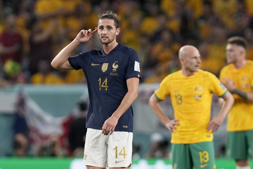 France&#039;s Adrien Rabiot gestures after scoring his side&#039;s first goal during the World Cup group D soccer match between France and Australia, at the Al Janoub Stadium in Al Wakrah, Qatar, Tues ...