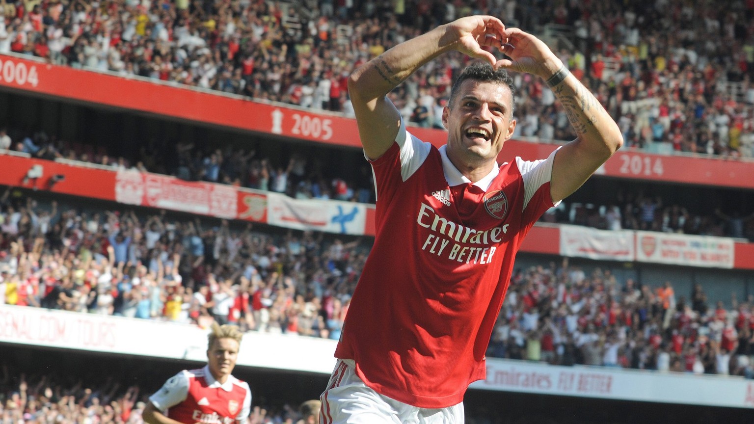 IMAGO / Colorsport

Football - 2022 / 2023 Premier League - Arsenal vs Leicester City - Emirates Stadium - Saturday 13th August 2022 Granit Xhaka of Arsenal celebrates scoring goal no 3 with the shape ...