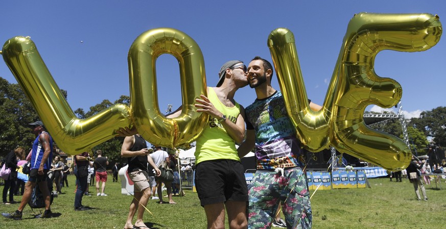 epaselect epa06330143 People celebrate after watching the marriage vote result announcement during a picnic held by the Equality Campaign at Prince Regent Park in Sydney, Australia, 15 November 2017.  ...