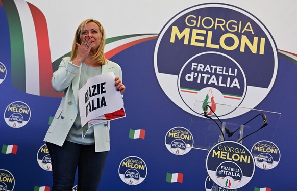 epa10206618 Giorgia Meloni at the headquarters of the Brothers of Italy (Fratelli d'Italia) in Rome, Italy, 25 September 2022. Italy held a general snap election on 25 September following its prime mi ...