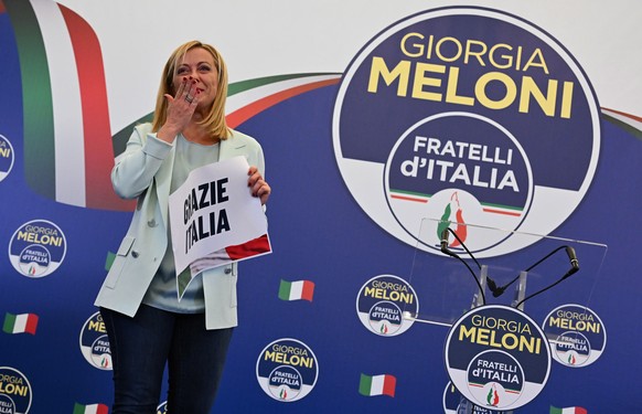 epa10206618 Giorgia Meloni at the headquarters of the Brothers of Italy (Fratelli d&#039;Italia) in Rome, Italy, 25 September 2022. Italy held a general snap election on 25 September following its pri ...