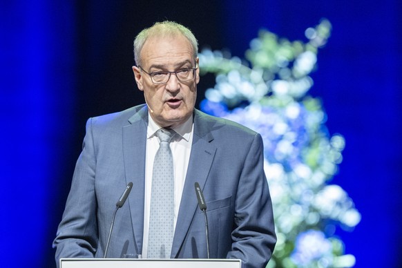 Der Schweizer Bundespraesident Guy Parmelin bei seiner Ansprache, anlaesslich des Swiss Media Forum vom Donnerstag, 7. Mai 2026 im KKL in Luzern. (KEYSTONE/Urs Flueeler)
