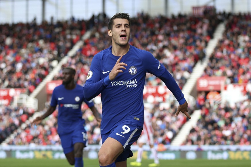 Chelsea&#039;s Alvaro Morata scores his side&#039;s forth goal of the game during the English Premier League soccer match between Stoke City and Chelsea at the bet365 Stadium, Stoke-on-Trent, England, ...