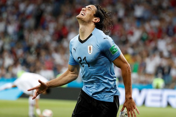 epa06853045 Uruguay&#039;s Edinson Cavani celebrates scoring the 1-0 lead during the FIFA World Cup 2018 round of 16 soccer match between Uruguay and Portugal in Sochi, Russia, 30 June 2018.

(RESTR ...