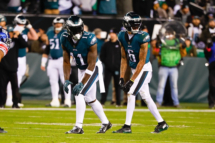 PHILADELPHIA, PA - JANUARY 21: Philadelphia Eagles wide receiver A.J. Brown 11 and Philadelphia Eagles wide receiver DeVonta Smith 6 during the NFC Divisional playoff game between the Philadelphia Eag ...