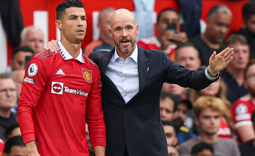 Mandatory Credit: Photo by Paul Currie/Shutterstock 13360385fs Cristiano Ronaldo of Manchester United, ManU and manager Erik ten Hag Manchester United v Arsenal, Premier League, Football, Old Trafford ...