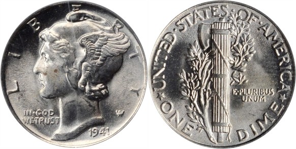 United States «Mercury» Dime, 1944. Die Vorderseite zeigt die Personifikation der Freiheit mit geflügelter phrygischer Mütze; die Rückseite zeigt eine Fasces mit Olivenzweig.
