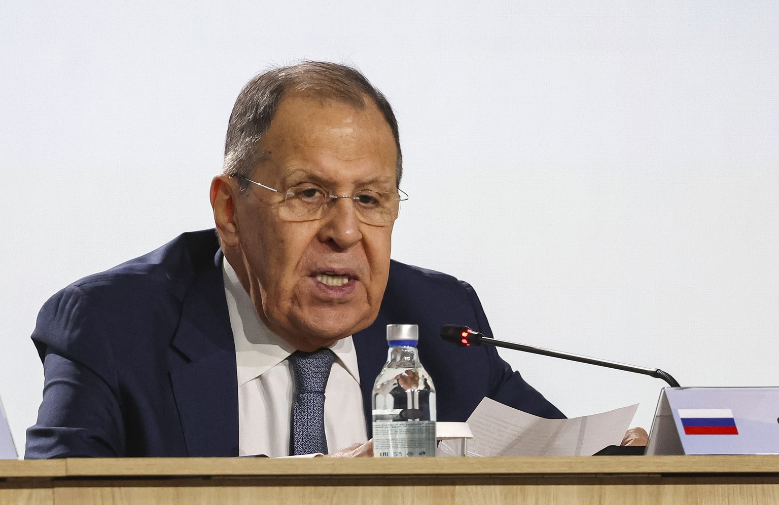 epa12140114 Russian Foreign Minister Sergey Lavrov speaks at the opening of the 13th International Meeting of High-Ranking Officials Responsible for Security Matters at the Russia National Centre in M ...