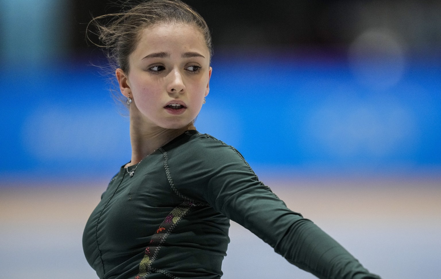 Kamila Valieva, of the Russian Olympic Committee, trains at the 2022 Winter Olympics, Saturday, Feb. 12, 2022, in Beijing. (AP Photo/Bernat Armangue)