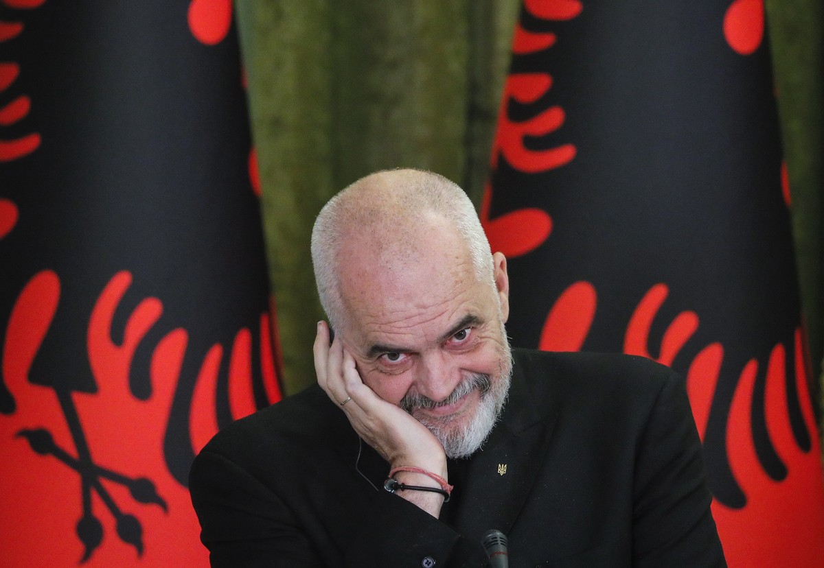 epa10014737 The Prime Minister of the Republic of Albania Edi Rama attends a joint press conference with Ukrainian President Volodymyr Zelensky and Prime Minister of Montenegro Dritan Abazovic in Kyiv ...