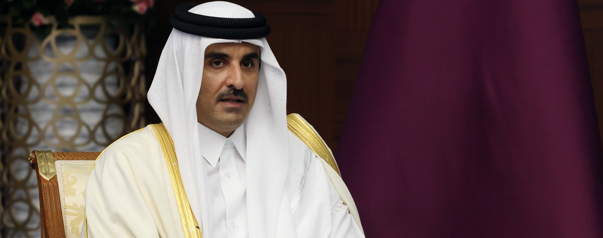 epa10240262 Emir of Qatar Sheikh Tamim Bin Hamad Al-Thani attends a meeting with Russian President Vladimir Putin (not pictured), on the sidelines of the 6th Summit of the Conference on Interaction an ...