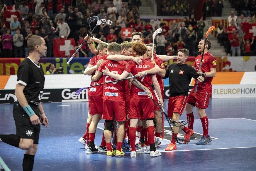 The Swiss team celebrates a goal in action during the 14th Men&#039;s World Floorball Championships Group A game between Switzerland and Norway in Zurich, Switzerland, on Saturday, November 5, 2022. ( ...