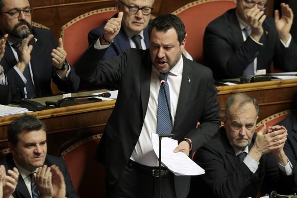 Opposition populist leader Matteo Salvini speaks at the end of the debate at the Italian Senate on whether to allow him to be prosecuted â?? as he demands to be -- for alleging holding migrants hostag ...