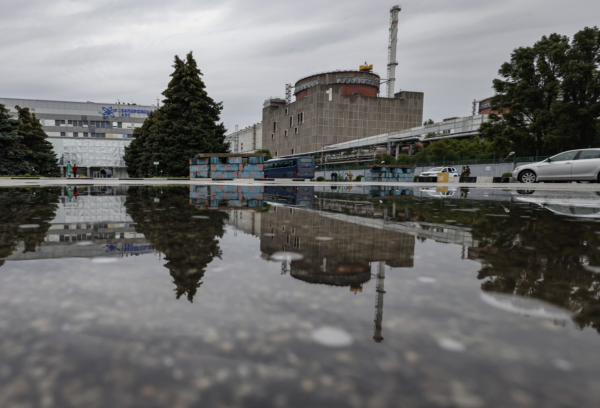 epa10692632 A picture taken during a visit to Enerhodar organised by the Russian Defence ministry shows a general view of the Zaporizhzhia Nuclear Power Plant in Enerhodar, southeastern Ukraine, 14 Ju ...