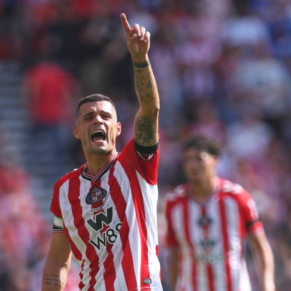 Sunderland v West Ham United - Premier League Granit Xhaka of Sunderland pointing during the Premier League match between Sunderland and West Ham United at Stadium of Light on August 16, 2025 in Sunde ...