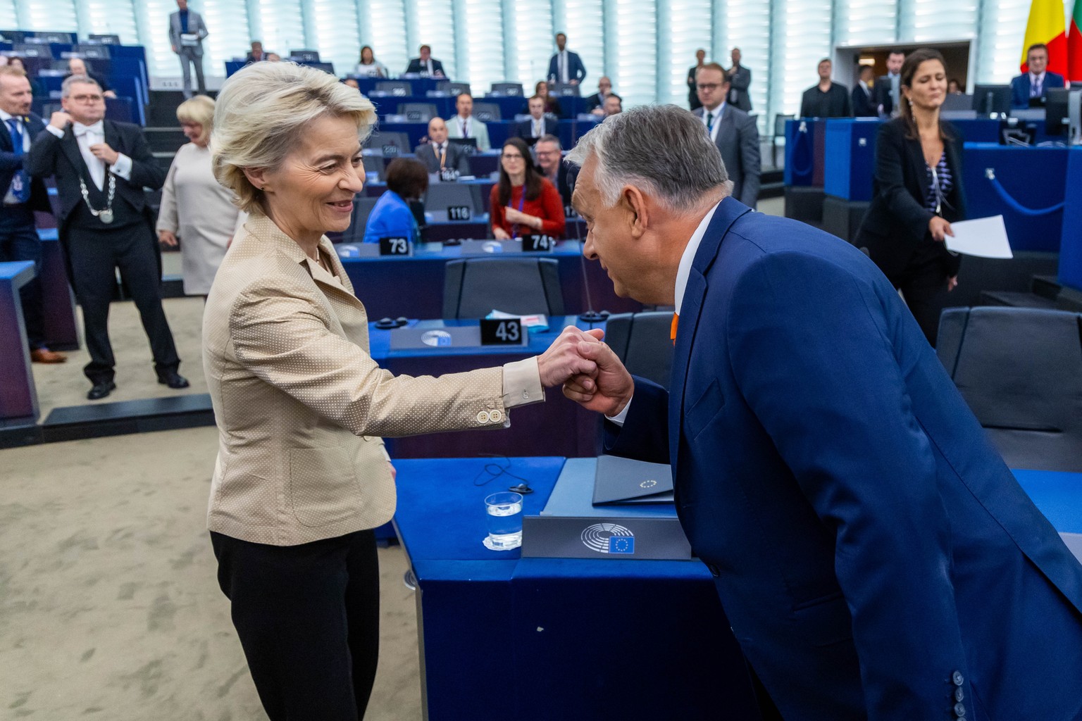 epa11650303 Hungarian Prime Minister Viktor Orban (R) greets European Commission President Ursula Von der Leyen (L) before delivering his speech at a plenary session for the presentation of the progra ...