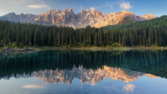 Lake Carezza, Dolomites, Italy xkwx scenic, carezza, lake, di, lago, surface, outdoor, latemar, italian, clear, see, mirroring, italy, rock, karer, south, sunny, summer, tyrol, sightseeing, mirror, do ...