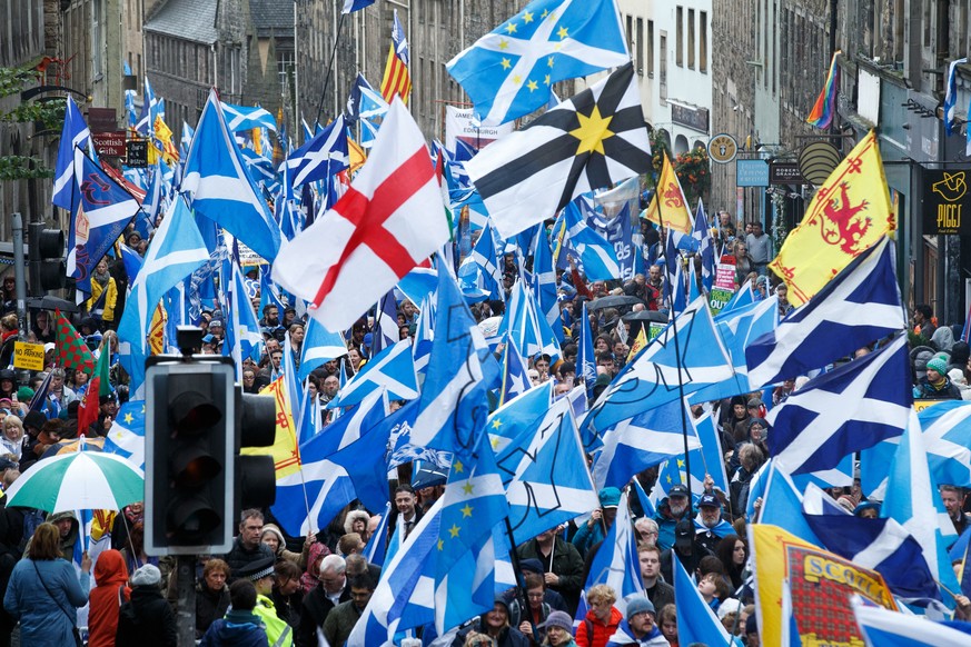 epa07898683 People gather for the AUOB (All Under One Banner) march for Scottish Independence in the streets of Edinburgh, Scotland, 05 October 2019. Organisers of &#039;All Under One Banner&#039; sai ...