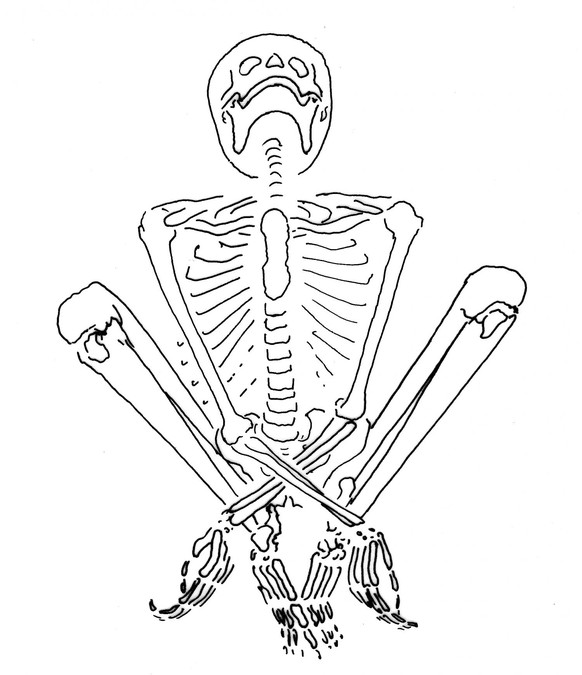 Zeichnung des Skeletts einer Schwangeren, deren Hände und Füsse zum Todeszeitpunkt wohl zusammengebunden waren.