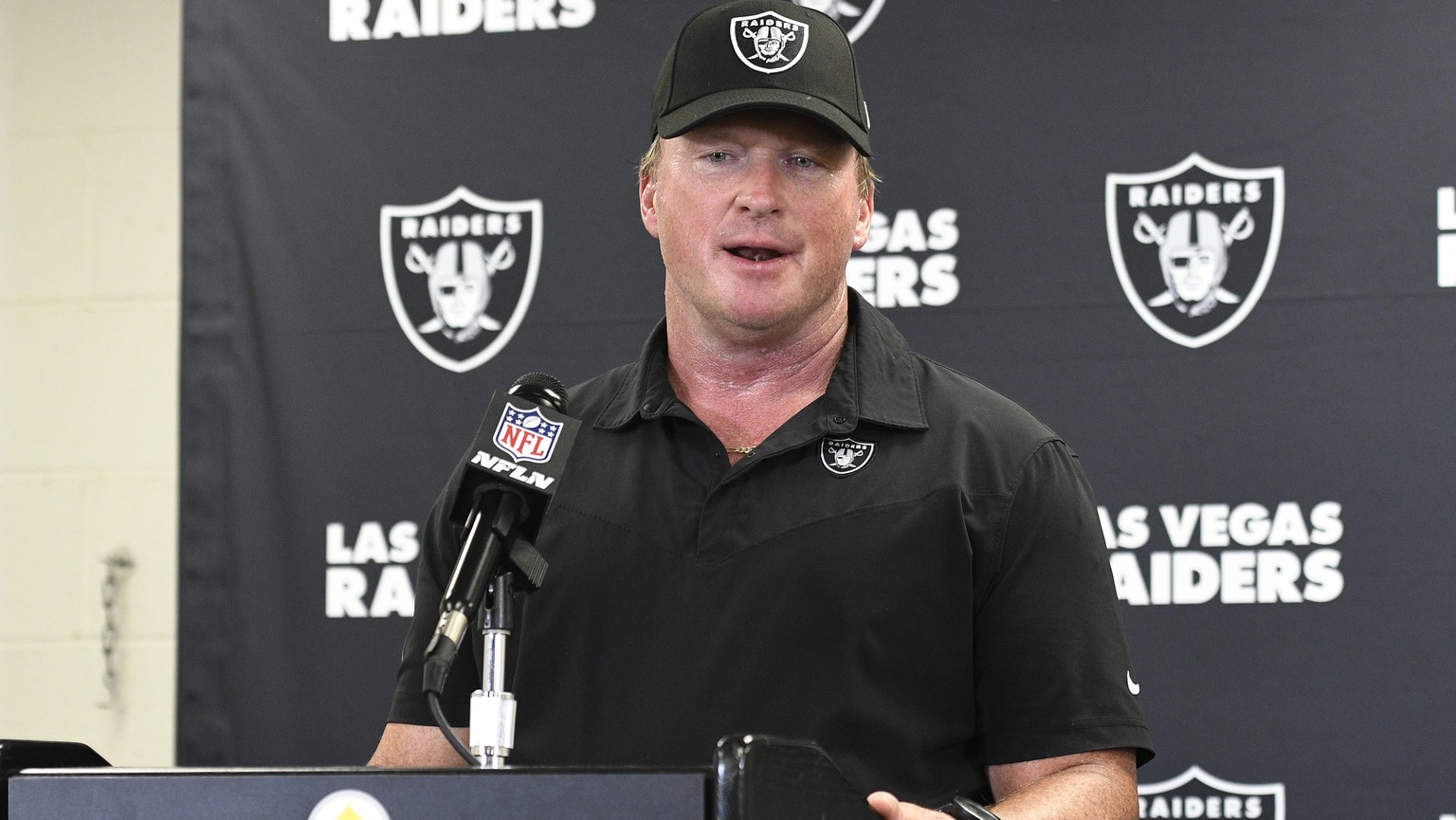 Las Vegas Raiders head coach Jon Gruden meets with the media following an NFL football game against the Pittsburgh Steelers in Pittsburgh, Sunday, Sept. 19, 2021. The Raiders won 26-17. (AP Photo/Don  ...