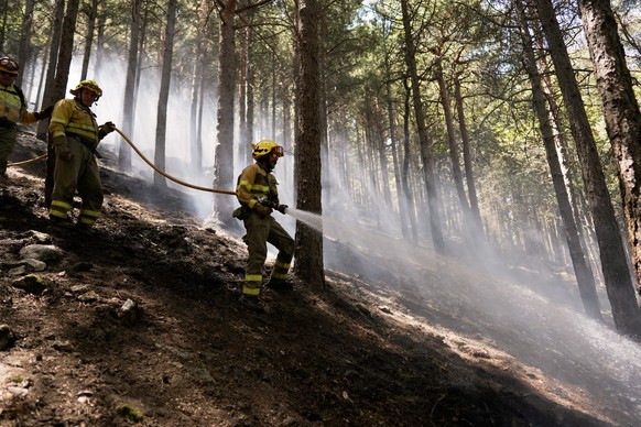 Forest rangers work in a wildfire-scorched area near Casillas, Ávila province, Spain, Wednesday, July 29, 2026. (AP Photo/Olmo Calvo)
Spain Wildfires