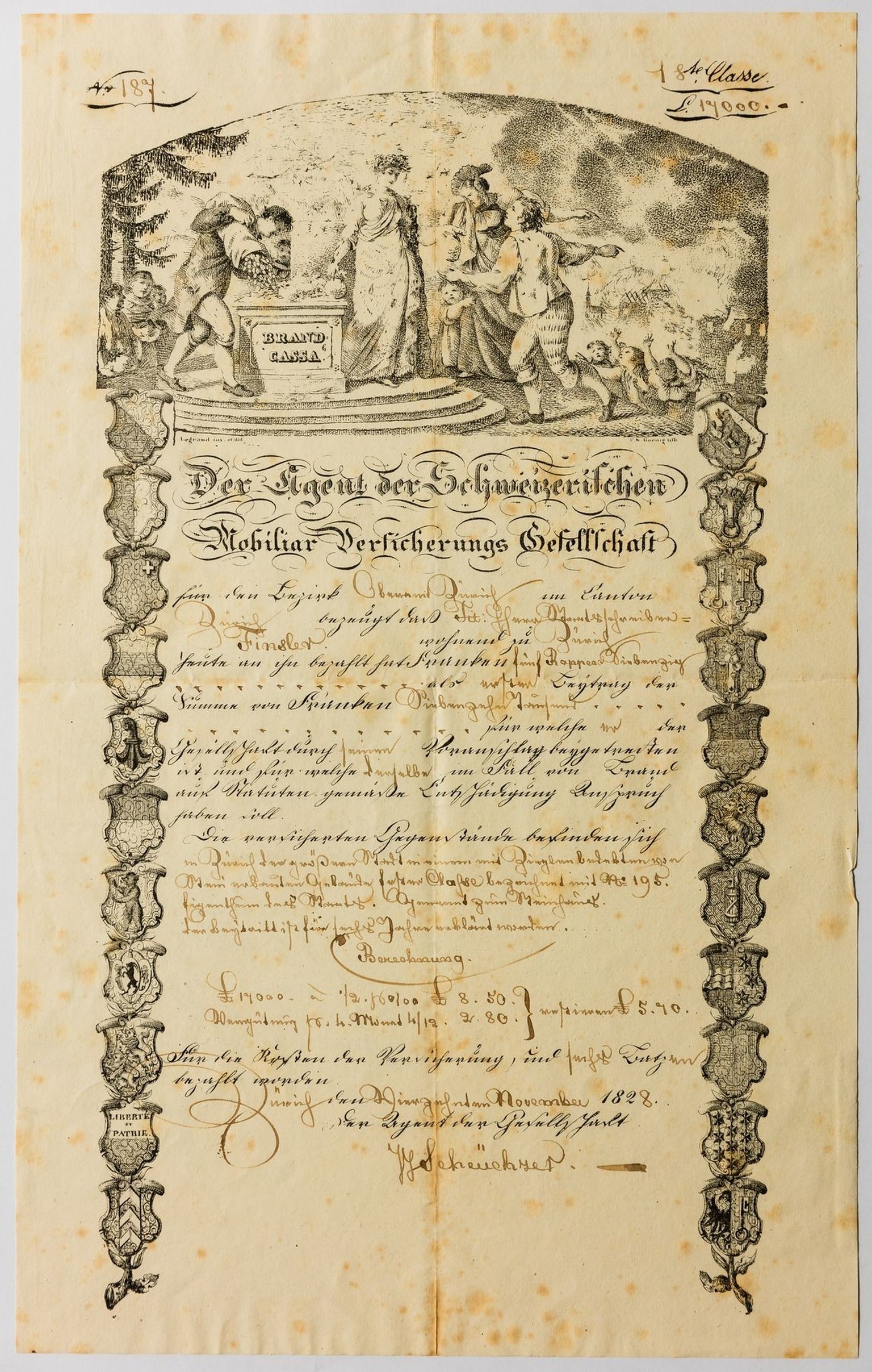 Legrands Gemälde von 1826 ziert den Kopf der ersten Policen.