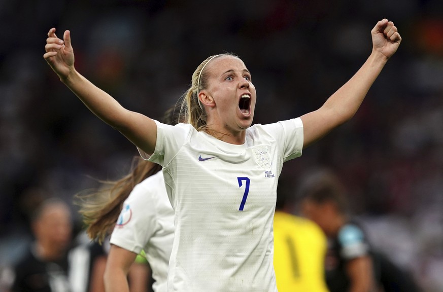 England&#039;s Beth Mead celebrates scoring the opening goal during the Women&#039;s Euro 2022 soccer match between England and Austria at Old Trafford in Manchester, England, Wednesday, July 6, 2022. ...