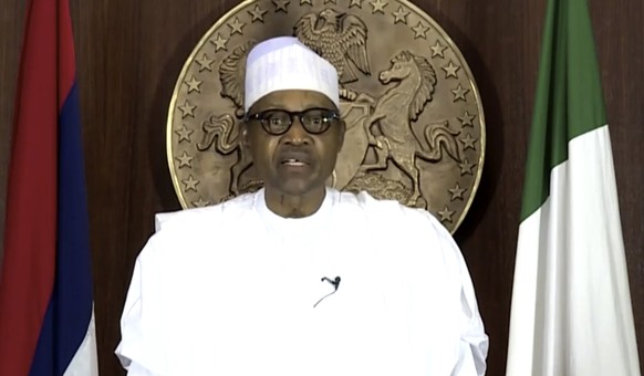 In this image made from UNTV video, Muhammadu Buhari, President of Nigeria, speaks in a pre-recorded message which was played during the 75th session of the United Nations General Assembly, Tuesday, S ...