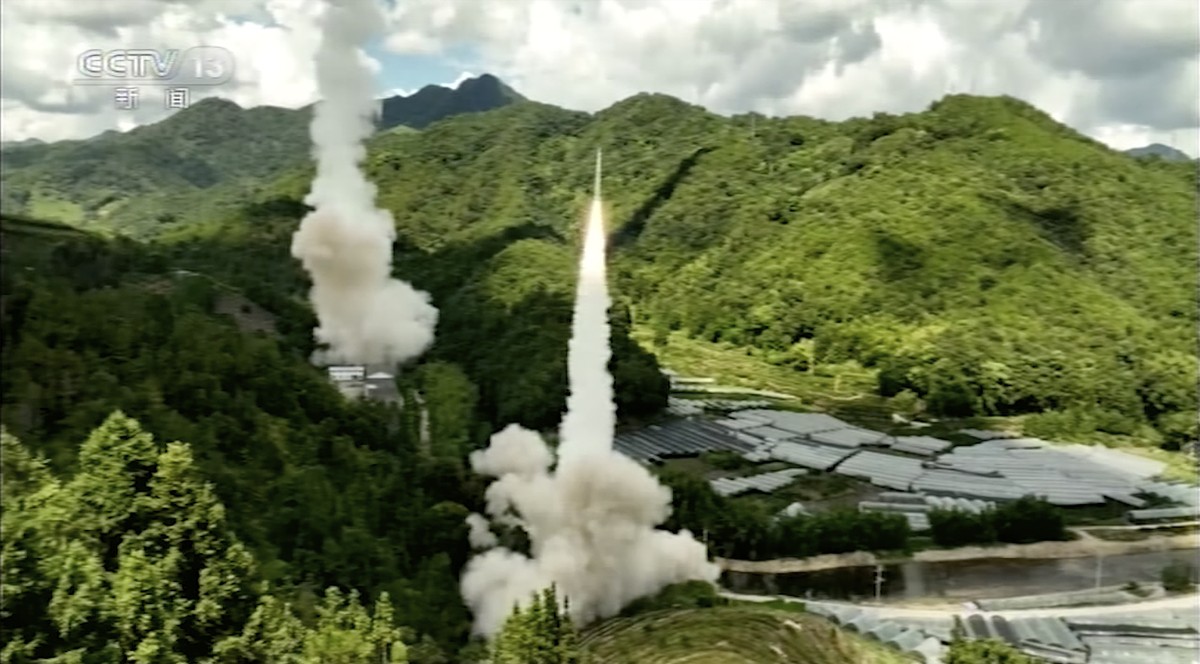 In this image taken from video footage run by China's CCTV, a projectile is launched from an unspecified location in China, Thursday, Aug. 4, 2022. China says it conducted "precision missile ...