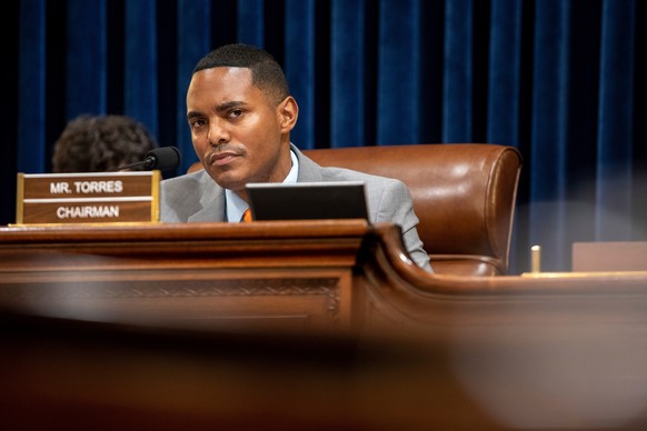FILE - Rep. Ritchie Torres, D-N.Y., listens during a House committee on homeland security hearing addressing threats to election security at the Capitol in Washington, Wednesday, July 20, 2022. (AP Ph ...