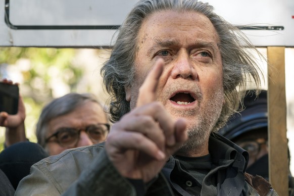 Former White House strategist Steve Bannon pauses to speak with reporters after departing federal court, Monday, Nov. 15, 2021, in Washington. (AP Photo/Alex Brandon)