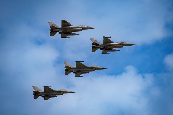 FILE - F16 fighter jets of the Romanian Air Force and the Romania based European F-16 Training Center (EFTC), perform a fly-by at the Black Sea, Defense, Aerospace and Security (BSDA) international ex ...