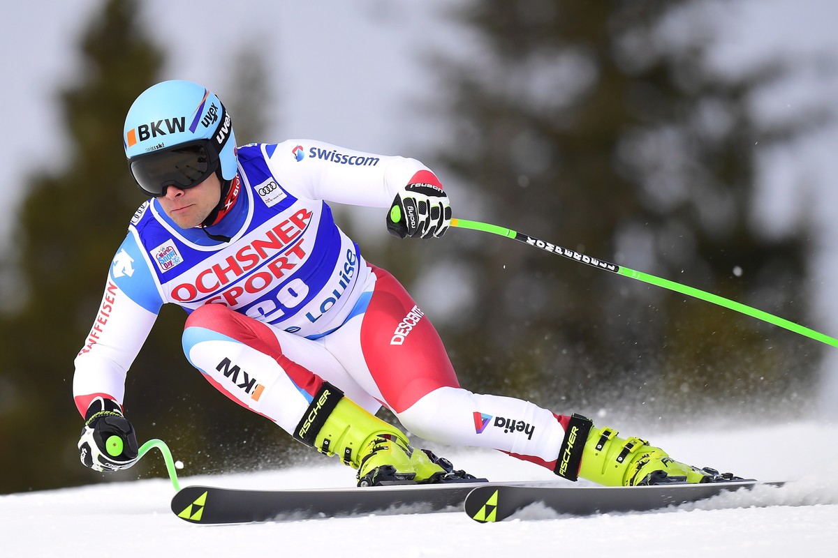 Patrick Kueng of Switzerland skis down the course during a training run for the men's World Cup downhill ski race in Lake Louise, Alberta, on Thursday, Nov. 22, 2018. (Frank Gunn/The Canadian Pre ...