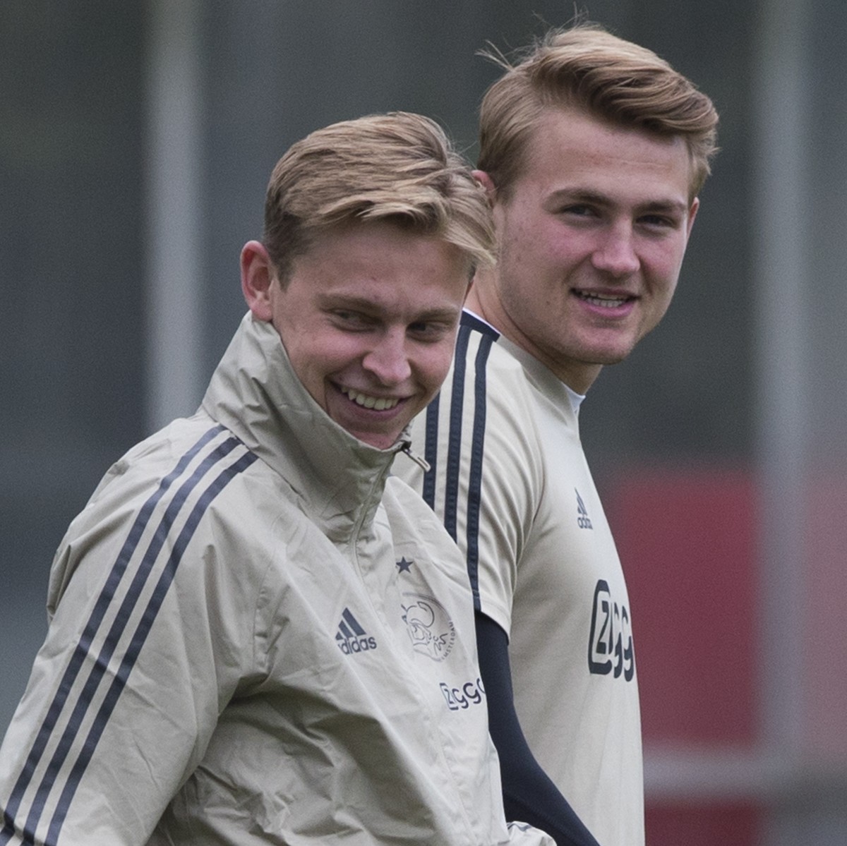 Ajax's Matthijs de Ligt, right, and Ajax's Frenkie de Jong talk during a training near the Johan Cruyff Arena in Amsterdam, Netherlands, Tuesday, May 7, 2019. Ajax will play Tottenham Hotspu ...