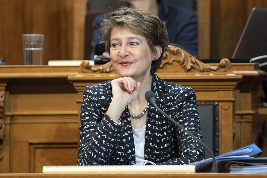 Bundesraetin Simonetta Sommaruga sitzt im Staenderat an der Fruehlingssession der Eidgenoessischen Raete, am Donnerstag, 7. Maerz 2019, in Bern. (KEYSTONE/Peter Schneider)