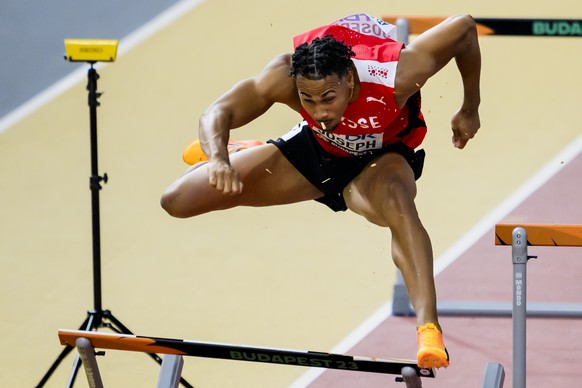 Jason Joseph of Switzerland in action during the men&#039;s 110 meters hurdles final of the World Athletics Championships at the National Athletics Centre, in Budapest, Hungary, Monday, August 21, 202 ...