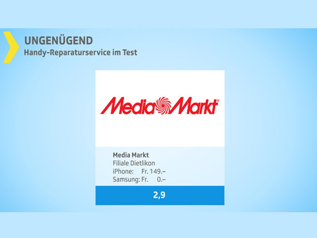Der Reparatur-Shop von Mediamarkt fällt im Test von Kassensturz mit der Note 2,9 durch.&nbsp;(Handy-Nutzer können die Grafik antippen, um sie zu vergrössern.)
