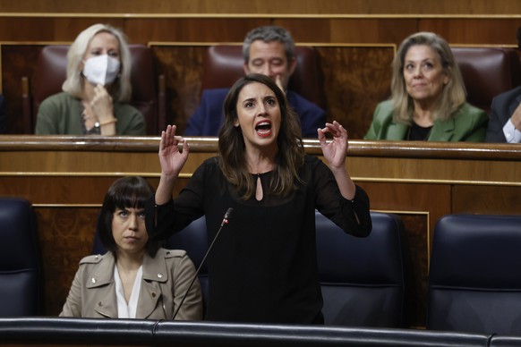 epa10338221 Spanish Minister of Equality, Irene Montero, during Question Time at the House of Commons in Madrid, Spain, November 30, 2022, amid criticism of the “Only Yes is Yes” law that came into effect…