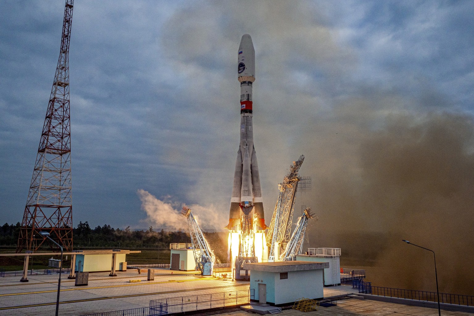 FILE - In this image taken from a video released by Roscosmos State Space Corporation, the Soyuz-2.1b rocket with the Luna-25 automatic station takes off from a launch pad at the Vostochny Co...