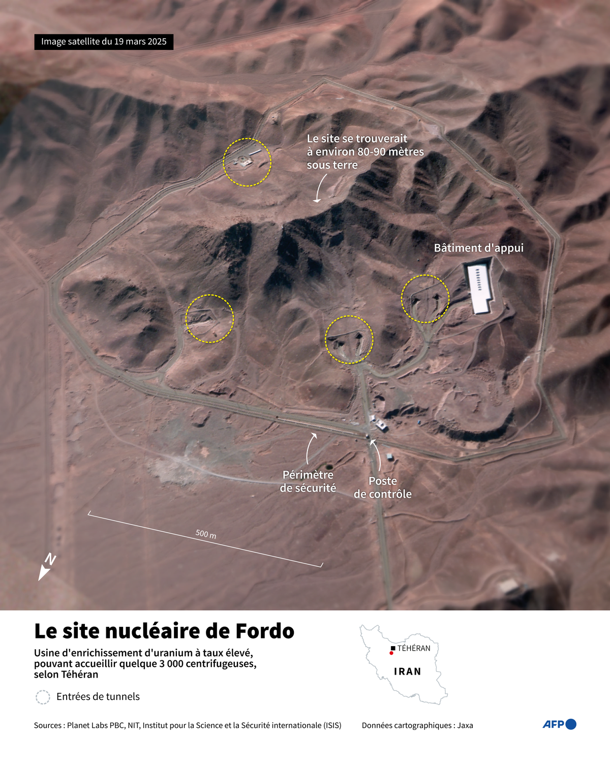 Image satellite de Planet Labs PBC du 19 mars 2025 montrant le site nucléaire souterrain de Fordo, en Iran.