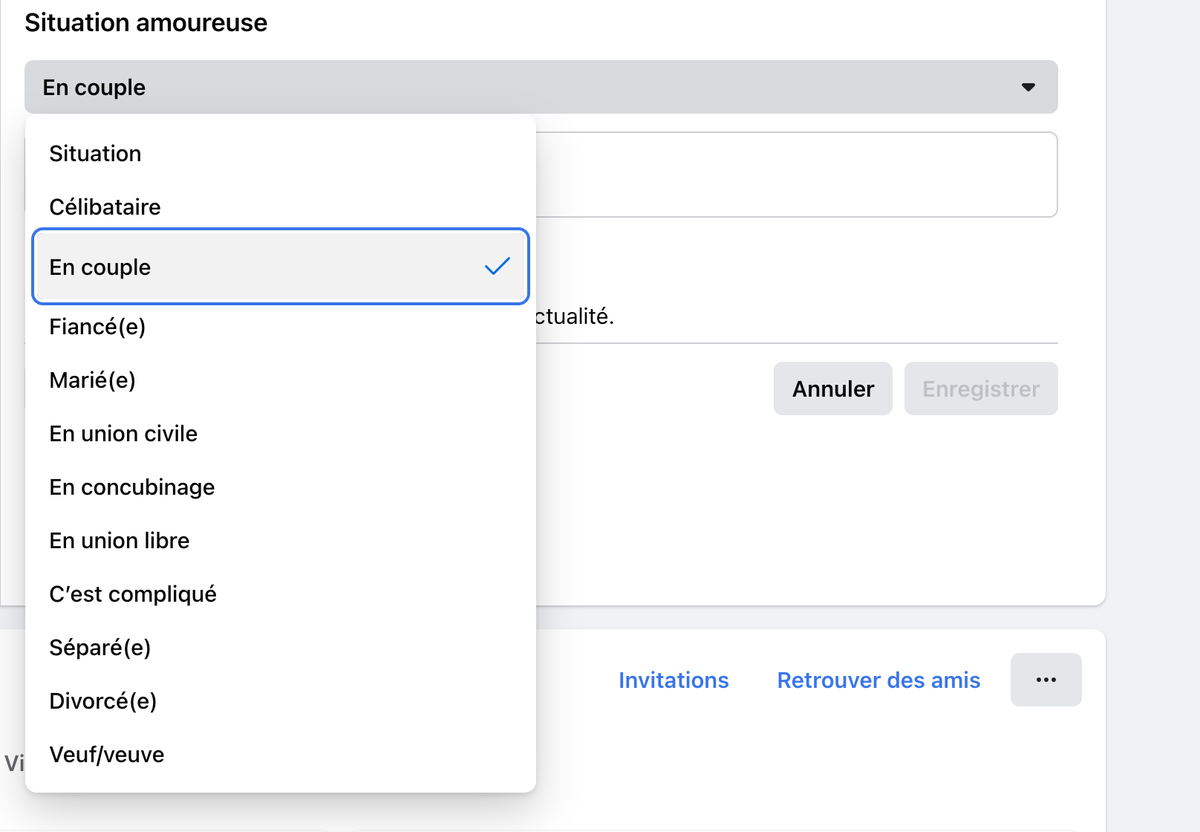 Le réseau social ne permet pour l'instant que d'afficher le nom d'une seule personne dans la catégorie «situation amoureuse» et d'en préciser le statut, comme le montre l'imag ...