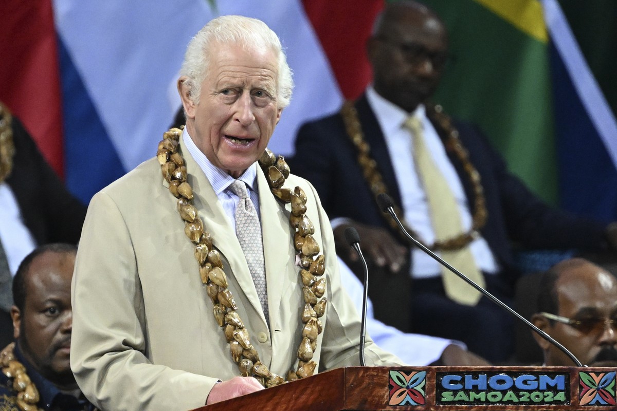 Britain's King Charles III delivers a speech during the opening ceremony for the Commonwealth Heads of Government Meeting (CHOGM) in Apia, Samoa, on Friday, Oct. 25, 2024. (AP Photo/William West, ...