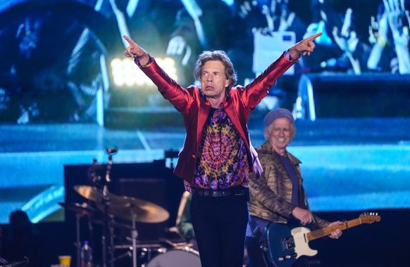 Mick Jagger, centre, and Keith Richards, back right, of the band the Rolling Stones, perform during their Sixty Stones Europe 2022 tour at the Wanda Metropolitano stadium in Madrid, Spain, Wednesday,  ...