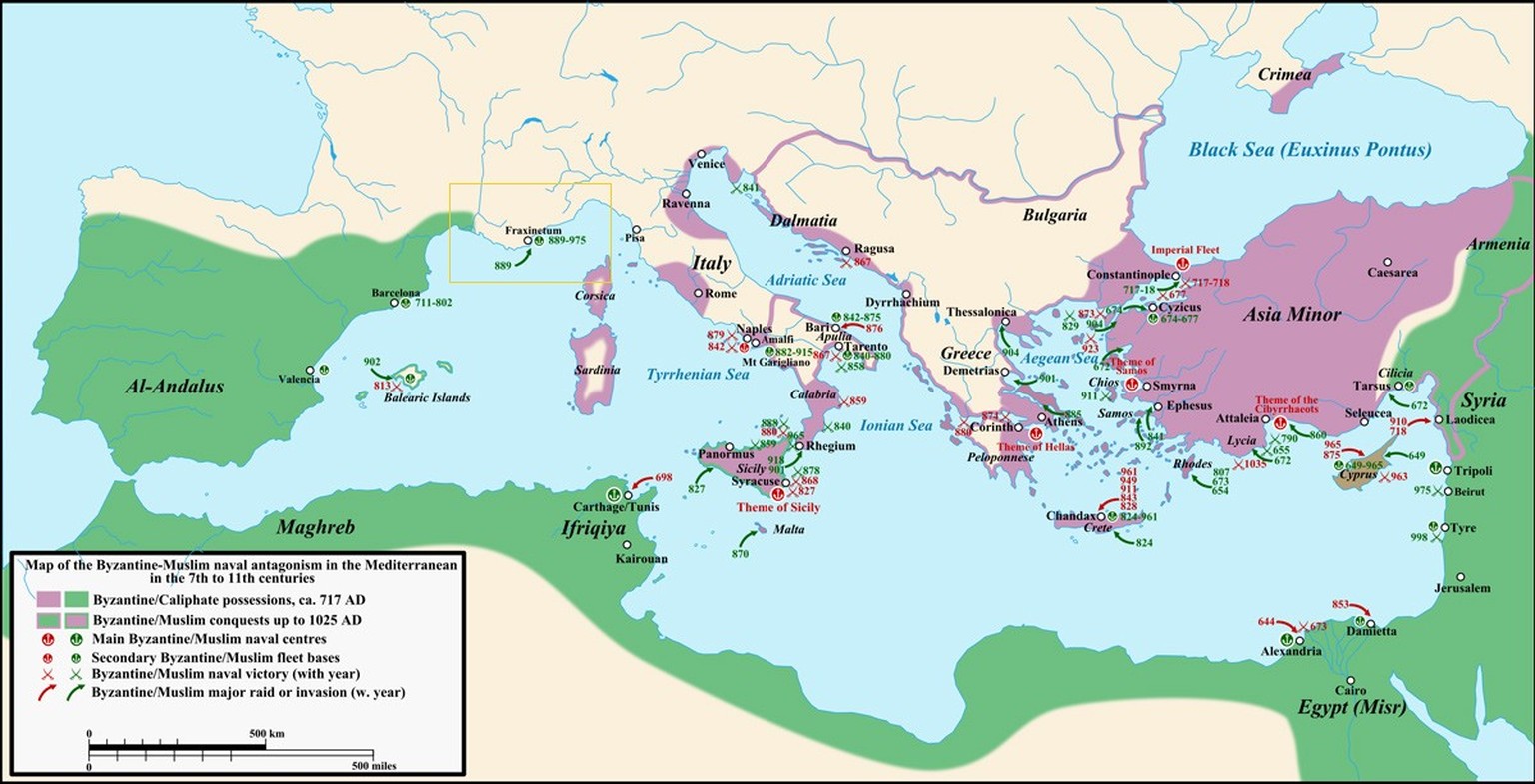 Karte der byzantinisch-muslimischen Seekonflikte von ca. 650 bis 1050 v. u. Z., einschliesslich der Lage von Fraxinetum im westlichen Mittelmeerraum.
https://commons.wikimedia.org/wiki/File:Byzantine- ...