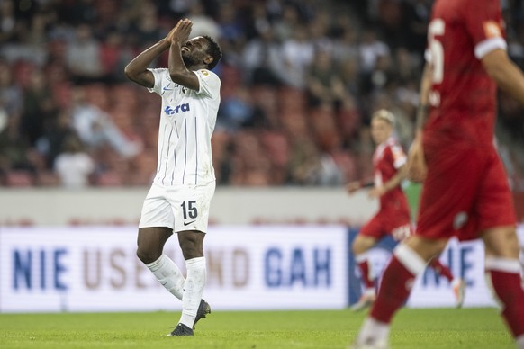 Zuerichs Aiyegun Tosin reagiert im Fussball Meisterschaftsspiel der Super League zwischen dem FC Zuerich und dem FC Lugano im Letzigrund, am Samstag, 3. September 2022 in Zuerich. (KEYSTONE/Ennio Lean ...