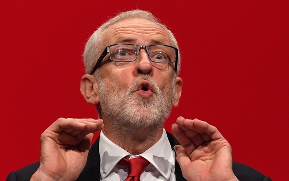 epa07866798 Labour Party leader Jeremy Corbyn delivers a key-note speech on the fourth day of the Labour Party Conference in Brighton, Britain, 24 September 2019. Labour Party Conference runs from 21  ...